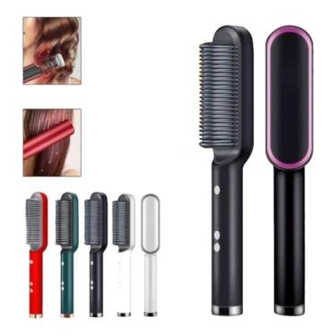 Imagem de Escova Alisadora Elétrica Profissional 3 em 1, Cerâmica Turmalina, Bivolt 110/220V, 5 Níveis de Temperatura 130-200°C, Desligamento Automático
