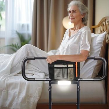 Imagem de Trilhos de cama para adultos idosos segurança com alturas ajustáveis de armazenamento suporte de bolso trilhos laterais para idosos escorregadores sob colchão protetor de cama de bengala (preto com