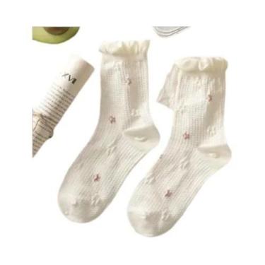 Imagem de Meias Lolita Brancas Com Bordado De Laço Rosa Kawaii Harajuku Meias Ca