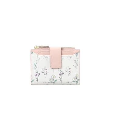 Imagem de Carteira pequena feminina com bloqueio de RFID, couro vegano, dobrável, floral, porta-cartões compacta, com bolso com zíper e janela para identidade, rosa, Clássico