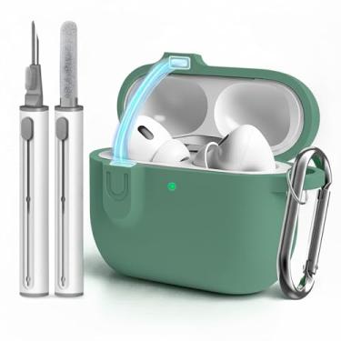 Imagem de Woyinger Capa para AirPods 4 com kit de limpeza, capa de silicone macio para AirPods 4 vem com trava magnética e chaveiro - sólido para mulheres/homens, verde pinho