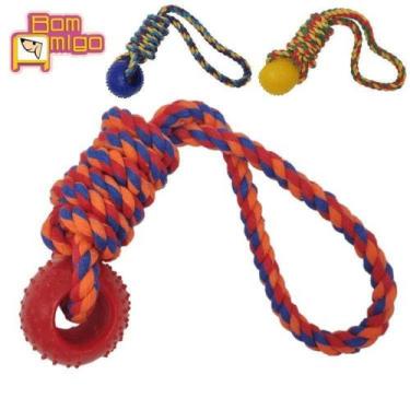 Imagem de Brinquedo mordedor para cachorros cães corda com bola e puxador - BOM 