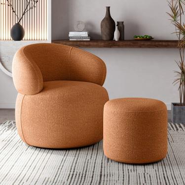 Imagem de Kit Poltrona Orgânica Giratória Eloah + Puff Ello Bouclé Italiano Decoração Sala Luxo - Terracota