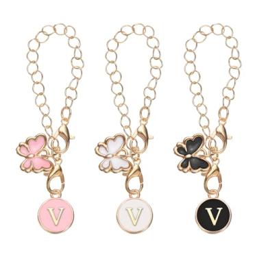 Imagem de 3 peças de acessórios de pingente de letra V para copos com alça, formato de coração, borboleta, nome inicial, identidade, alça personalizada, pingente de letra, preto, branco, rosa, 0.39", Metal, Sem