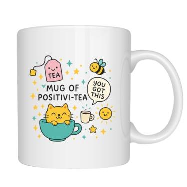 Imagem de EZCLASSY - Caneca fofa de gato Positivi-Tea, xícara de café inspiradora de 325 ml com gato feliz e trocadilho de chá, presente motivacional para amigos, colegas de trabalho, mulheres, caneca de chá