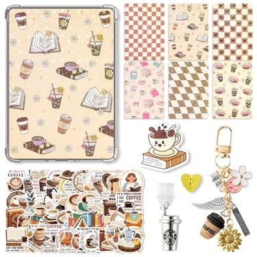 Imagem de K1tpde Inserções de café cartolina para leitor eletrônico – Conjunto de 61 pingentes fofos com plugue de poeira tipo C, chaveiro com gancho, suporte para café e 50 peças de adesivos para inserção de