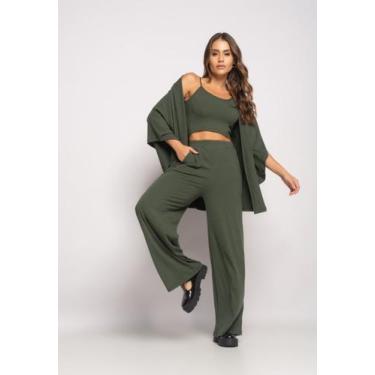 Imagem de Conjunto Com Kimono, Cropped e Wide Leg Canelado Verde Salvatore, P
