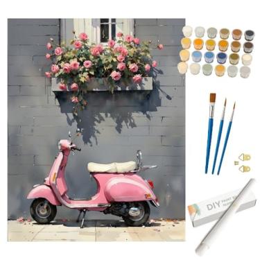 Imagem de Kit de pintura vintage de scooter por números para adultos - Ciclomotor rosa DIY com caixa de janela rosa enrolada em tela 40,6 x 50,8 cm, conjunto de tinta acrílica, adequado para iniciantes, arte