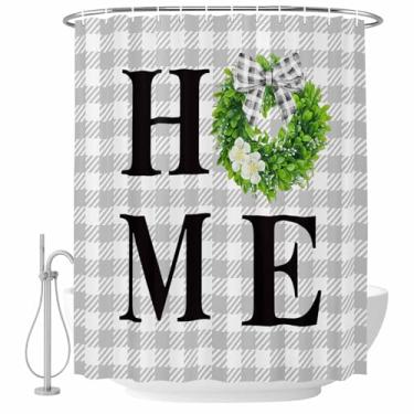Imagem de Cortina de chuveiro de eucalipto com estampa de folha de eucalipto e grinalda cinza xadrez para casa de banho, cortina de banho de tecido impermeável para decoração de banheira, acessórios de casa 182
