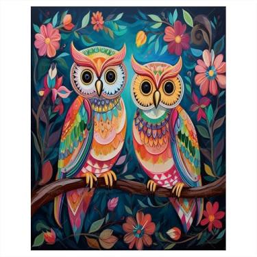 Imagem de Kit de pintura de corujas coloridas por números para adultos – Pintura de animais DIY em tela, kits de pintura por número para adultos, conjunto de tinta acrílica para iniciantes, kit de arte de