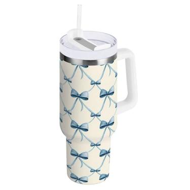 Imagem de SEHANY Lindo copo de laço azul de 1,134 g com alça, copo isolado de aço inoxidável a vácuo de parede dupla, à prova de vazamento, caneca de café isolada para viagem cabe no suporte de copo de carro