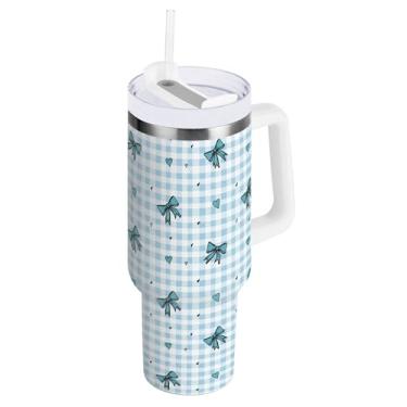 Imagem de SEHANY Lindo copo de laço azul de 1,134 g com alça, copo isolado de aço inoxidável a vácuo de parede dupla, à prova de vazamento, caneca de café isolada para viagem cabe no suporte de copo de carro