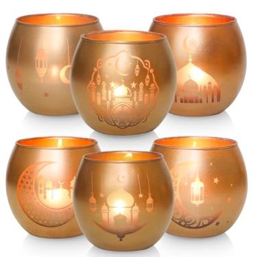 Imagem de Conjunto de 6 decorações de Ramadã douradas para casa, mesquita e lua crescente, suportes votivos de estrela e lanterna para decoração de mesa do Ramadã, presentes islâmicos elegantes do Eid Mubarak