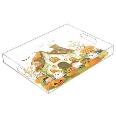 Imagem de xigua Bandeja de servir de acrílico fantasma de Halloween com alças à prova de derramamento, bandejas decorativas de festa de Halloween, bandeja organizadora de bancada para banheiro, cozinha, 30,5 x