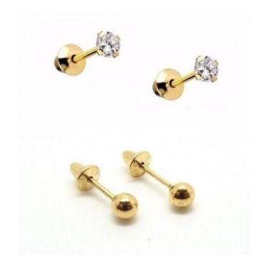 Imagem de Kit 2 Par Brinco Ouro18k Recem Nascido Bebe Bola + Pedra 3mm - Aea Jói