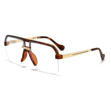 Imagem de HPIRME Óculos de moda com armação de metal, lente transparente, dupla face, estilo retrô, para homens e mulheres (6213-C1)