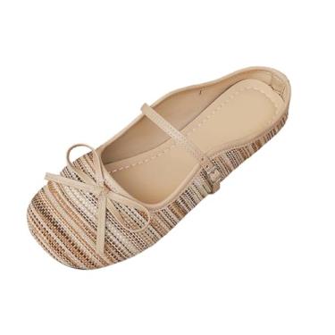 Imagem de Sapatilhas femininas de malha respirável com estampa listrada, sapatos casuais de bico fechado para atividades de lazer, Caqui, 35