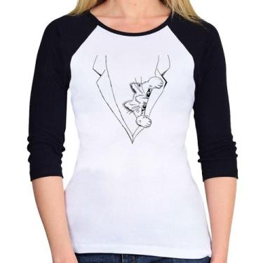 Imagem de Baby Look Raglan Gato no terno Manga 3/4 - Foca na Moda, Branco, Preto
