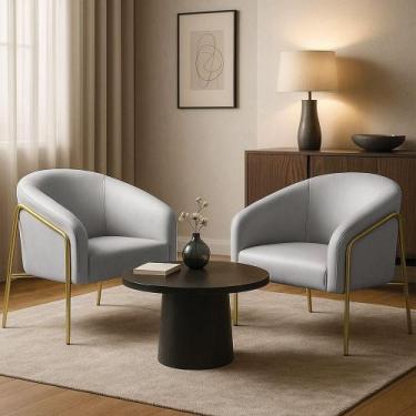 Imagem de Poltrona Sala Decorativa Kit 2 Stella Base Alta Tubo Dourado Sintético