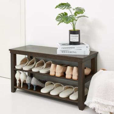 Imagem de Aroktake Suporte para sapateira, prateleira organizadora de sapatos de madeira resistente de 2 níveis para entrada, sala de estar, quarto (marrom escuro, 80 cm)