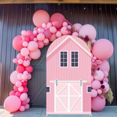 Imagem de Uoimystify Capa de fundo de celeiro rosa tema de celeiro pano de fundo de chá de bebê com arcos de tecido elástico para festas temáticas de fazenda, chás de bebê e decorações de cabine de fotos (2,2 x