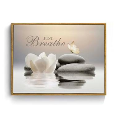 Imagem de EOBTAIN Arte de parede emoldurada Zen para sala de estar, pintura decorativa de imagens de flores brancas, impressão em tela relaxante, apenas respirar, decoração de parede para quarto, arte estética