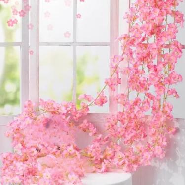 Imagem de Planta Artificial，Planta Artificial DecoraçãO，Vinha Artificial Decorativa Com Flores de Cerejeira Para Casa - Videira Com Flores Artificiais | DecoraçãO Para Sala, Varanda, Casamentos E Festas(Rosa)