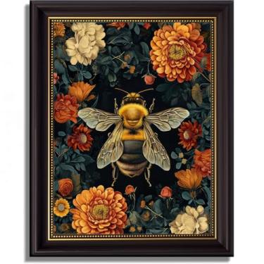 Imagem de Arte de parede em tela emoldurada vintage abelha inseto decoração de parede vintage pinturas de flores texturizadas natureza imagens botânicas retrô escuro faculdade flores pôsteres para sala de estar