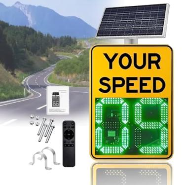 Imagem de Sinal de limite de velocidade de radar solar, sinal de aviso e feedback de tráfego LED sem fio, alimentado por energia solar para acalmar o trânsito, amarelo, 60 x 90 cm (24 x 35 pol) - Melhore a