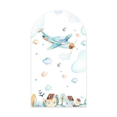 Imagem de Aerdce Capa de fundo de arco a jato de desenho animado de avião redondo com suporte de arco elástico Chiara para decoração de aniversário de chá de bebê (apenas capa)