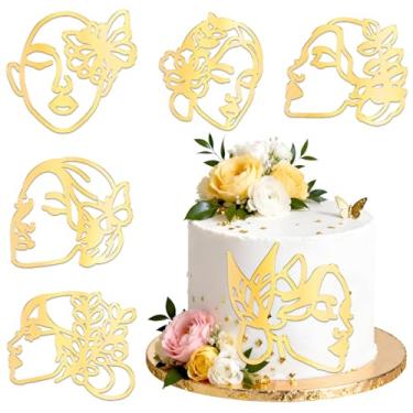 Imagem de CORNER LACE Lady Face Acrylic Cake Toppers 6Pcs - Birthday Wedding Bridal Shower Gold Mirror Acrylic Boho Art Line Face Cake Decorations Party Supply Dessert Table Sign Photo Booth Prop