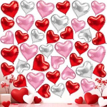 Imagem de TaoQ C 48 peças de balões de alumínio em formato de coração de 25,4 cm e 45,7 cm, tamanho misto, vermelho, rosa, prata, coração, alumínio, dia dos namorados, festa de casamento e noivado