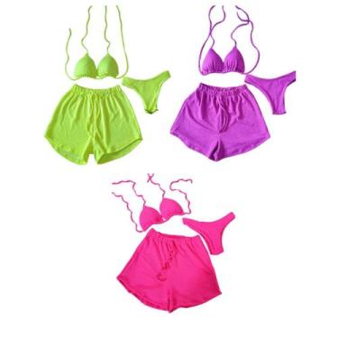 Imagem de Kit 3 Biquíni Com Short Malha Canelada Brilhante Premium - Praia - mod