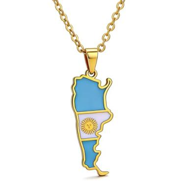 Imagem de Fusamk Colar feminino com mapa da Argentina, moda de aço inoxidável, banhado a ouro, pingente de país com corrente de onda, Metal, Sem Pedra Preciosa