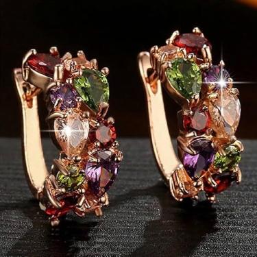 Imagem de Brincos femininos modernos coloridos de zircônia cúbica pavimentada, brincos de argola multimatiz, joias modernas para uso diário e festa, Medium, Liga de aço, Zircônia