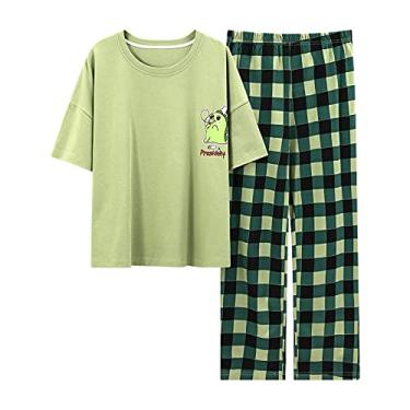 Imagem de HHHJQFAAT Pijamas de primavera primavera para casa impressão de desenho animado plus size pijama grande para mulheres (H 1X)
