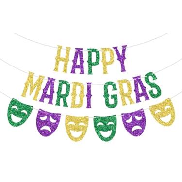 Imagem de Banner de carnaval feliz com glitter, placa de festa de carnaval de Nova Orleans, decoração suspensa para baile de máscaras, aniversário e chá de bebê
