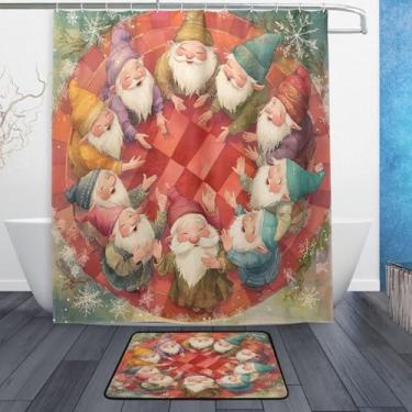 Imagem de xigua Gnomos de Natal fofos conjuntos de tapetes de cortina de banho 2 peças, conjunto de tema de banheiro (152 x 182 cm) com cortina de chuveiro e tapete antiderrapante -12 ganchos425