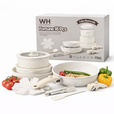 Imagem de Conjunto de Panelas Cerâmica, 18 Peças, Antiaderente com Cabo Removível, Branco, Compatível com Fogão a Gás, Indução e Elétrico, Inclui Tampas e Utensílios de Silicone