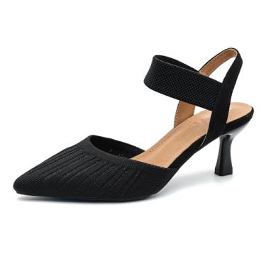 Imagem de Enelauge Sandália feminina de bico fino, salto baixo, tecido de malha, com tira elástica no tornozelo, bico fechado, sem cadarço, confortável, para casamento, formatura, Preto, 41