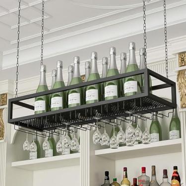 Imagem de Rack de vinho de parede dourado ajustável em altura – Armário de bar de vinho suspenso de metal, organizador de armazenamento montável no teto para casa e cozinha, tamanho de 60 cm