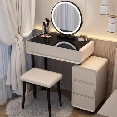 Imagem de Mesa de penteadeira com espelho e luzes, penteadeira com gavetas de armazenamento, armário lateral retrátil, penteadeira de maquiagem compacta para espaços pequenos, inclui banco