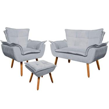 Imagem de Conjunto Poltrona Puff E Namoradeira Pés Palito Charger Suede Cinza G19 - Gran Belo