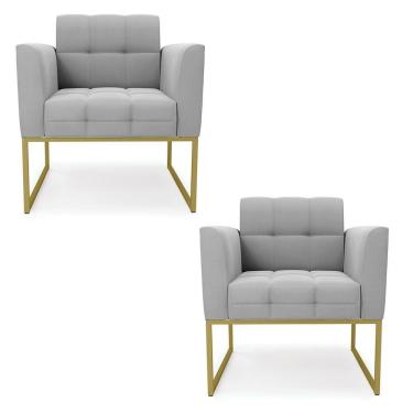 Imagem de Kit 2 Poltronas Elisa Suede Base Metálica Industrial Dourado D03 - DRossi Cinza