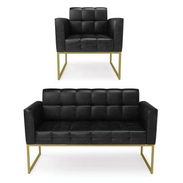 Imagem de Kit 1 Sofá Namoradeira E 1 Poltrona Elisa Corano Preto Base Metálica Industrial Dourado - D'rossi