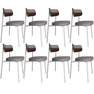 Imagem de Kit 08 Cadeiras Estofada Para Sala De Jantar Astrid Branco C01 Linho Cinza Courino Whisky - Lyam Decor