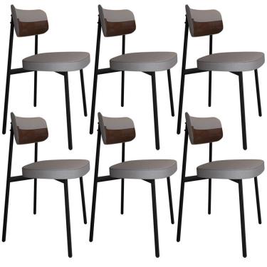 Imagem de Kit 06 Cadeiras Estofada Para Sala De Jantar Astrid Preto C01 Linho Cinza Courino Whisky - Lyam Decor