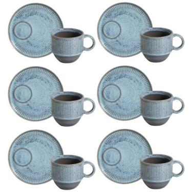 Imagem de Conjunto 6 Xícaras de Chá 230ml Empilhável com Pires Linhas Breeze Azu