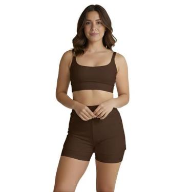 Imagem de Conjunto de Short Duplo Fitness Academia Treino Feminino Cor:MarromTam
