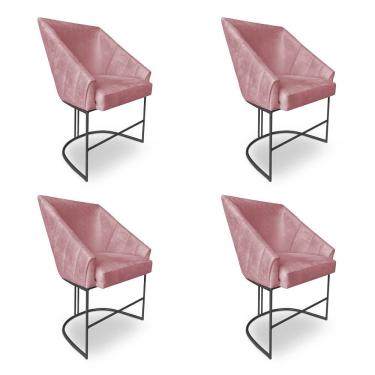 Imagem de Kit 4 Poltronas Luxo Alana Veludo Base Ferro Preto - Pallazio Cor Rosê